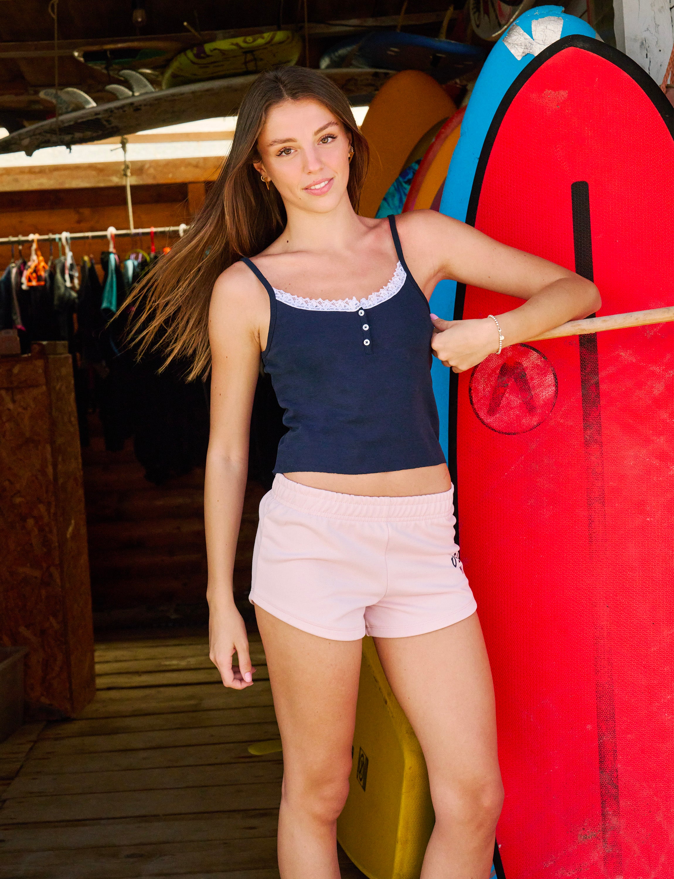 Navy blue tank top with lace details and buttons – Suite Benedict