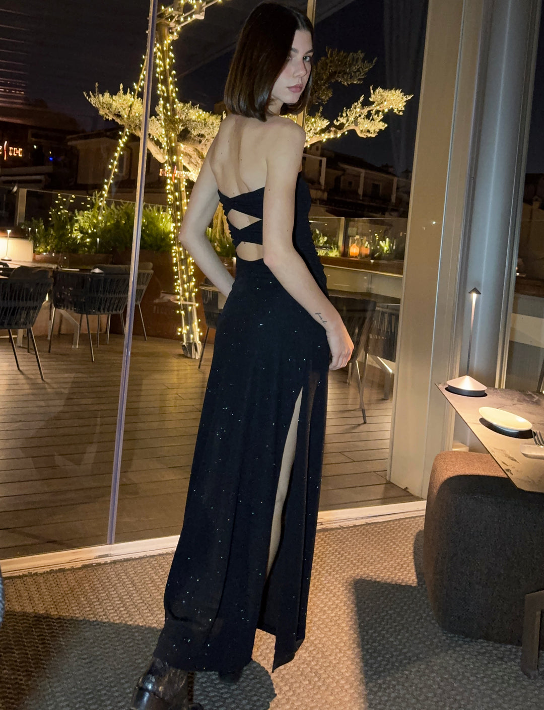 Abito lungo in tessuto glitter