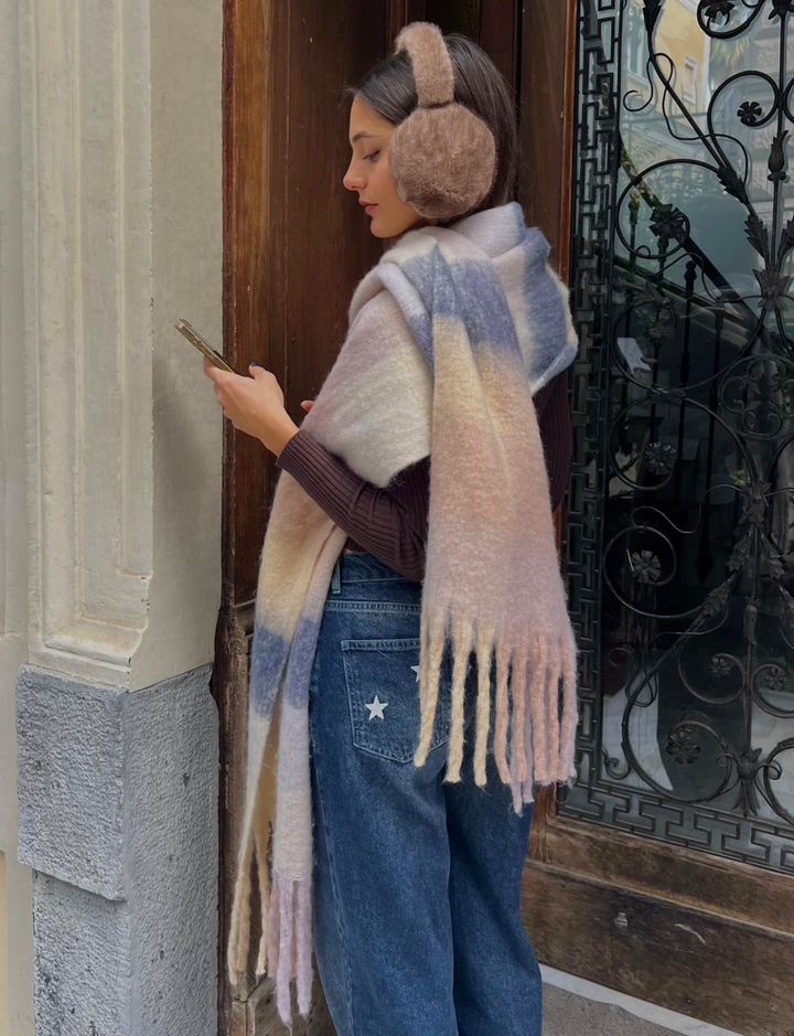 Sciarpa maxi a quadri con frange