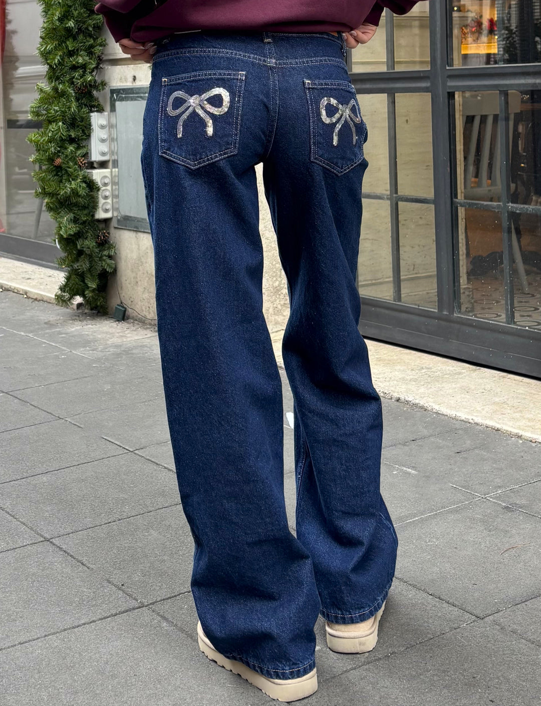 Jeans dritto fiocchi paillettes