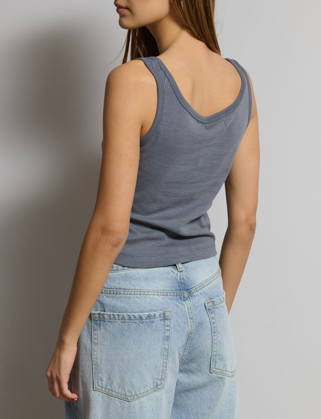 Canotta blu denim con scritta frontale "USA" retro