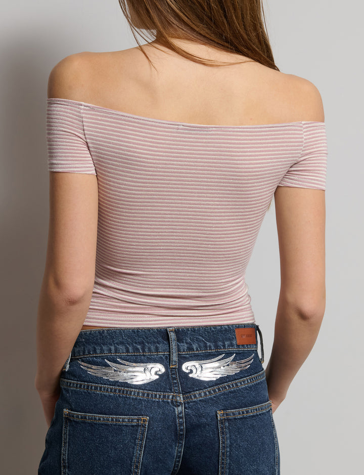 Top a righe con scollo dritto in tessuto glitter