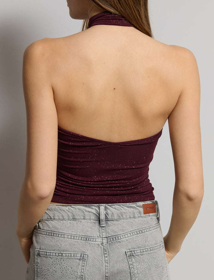 Top bordeaux a fascia in lurex con colletto