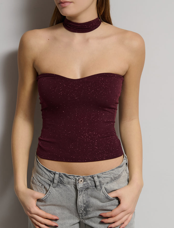 Top bordeaux a fascia in lurex con colletto