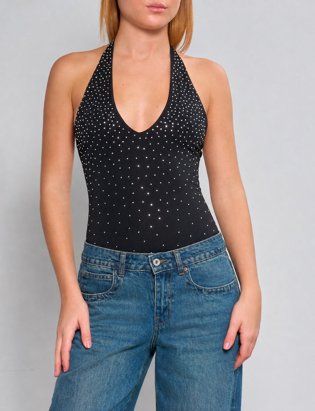 Body nero con strass fronte