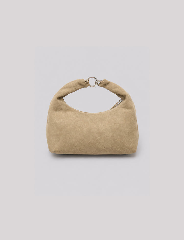 Borsa a mano verde salvia effetto suede con anelli metallici still life