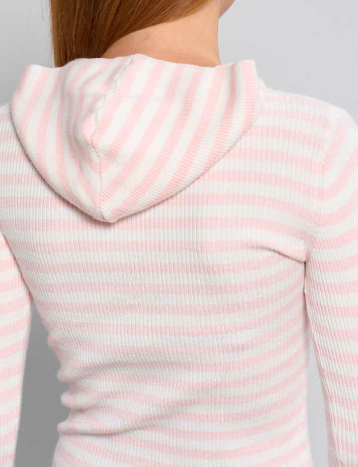 Cardigan a righe rosa con zip e cappuccio dettaglio