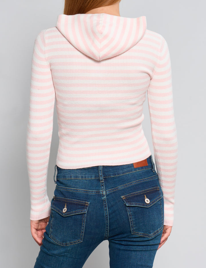 Cardigan a righe rosa con zip e cappuccio retro
