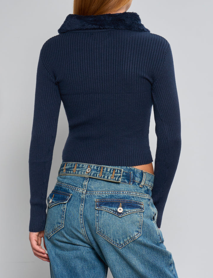 Cardigan corto a costine blu navy con colletto in pelliccia retro