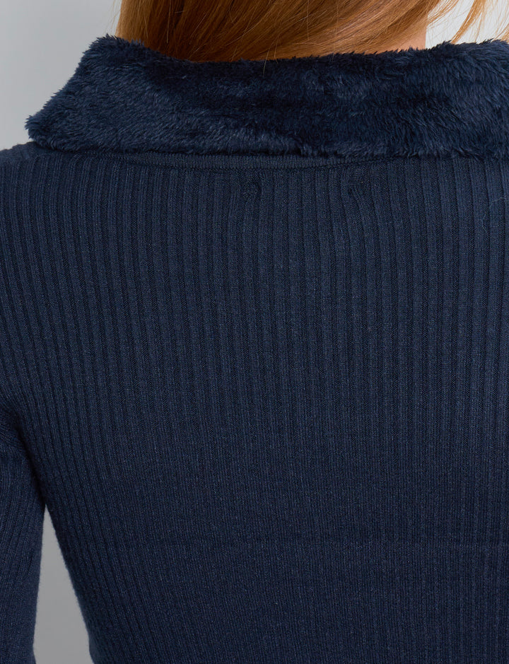 Cardigan corto a costine blu navy con colletto in pelliccia retro