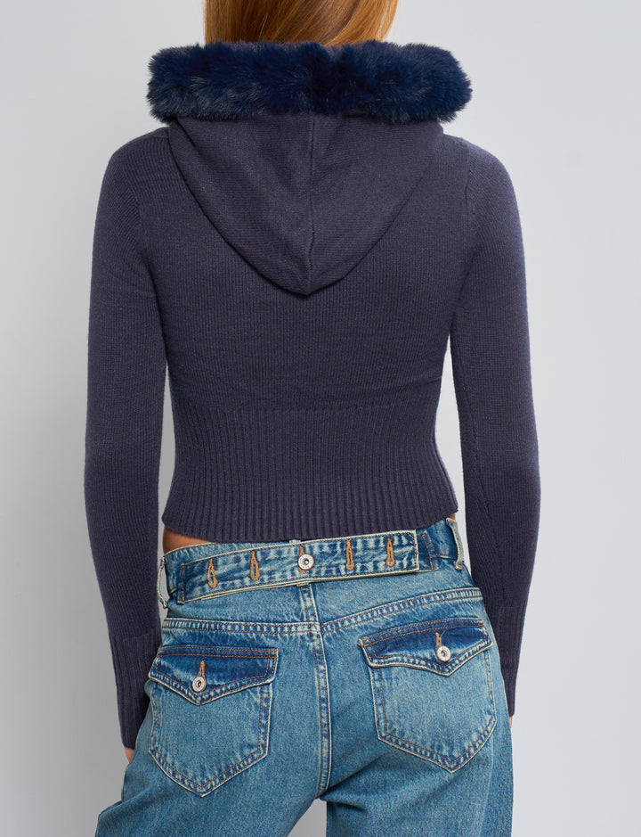 Cardigan corto blu notte con cappuccio e pelliccia retro