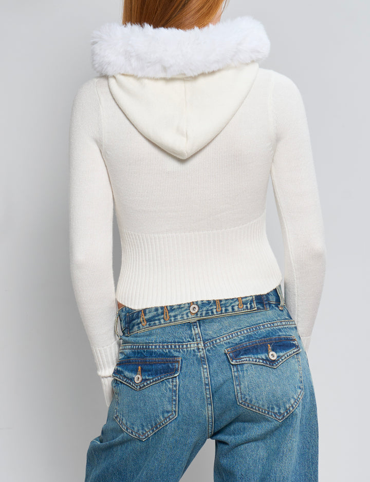Cardigan corto panna con cappuccio e pelliccia retro