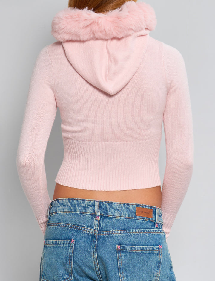 Cardigan corto rosa pastello con cappuccio e pelliccia  retro