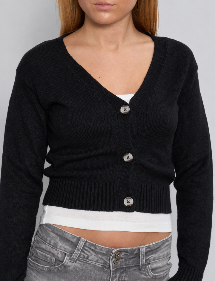 Cardigan crop nero con bottoni dettaglio
