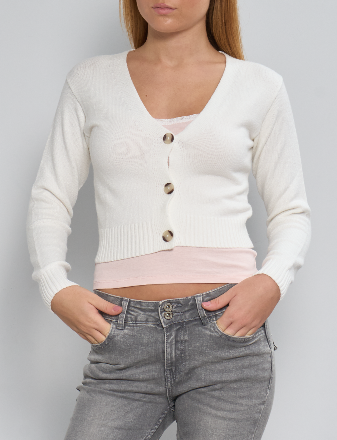 Cardigan crop panna con bottoni copertina