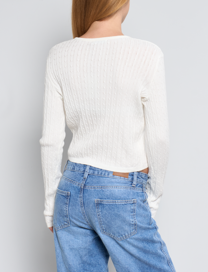 Cardigan in cotone panna con lavorazione a trecce retro