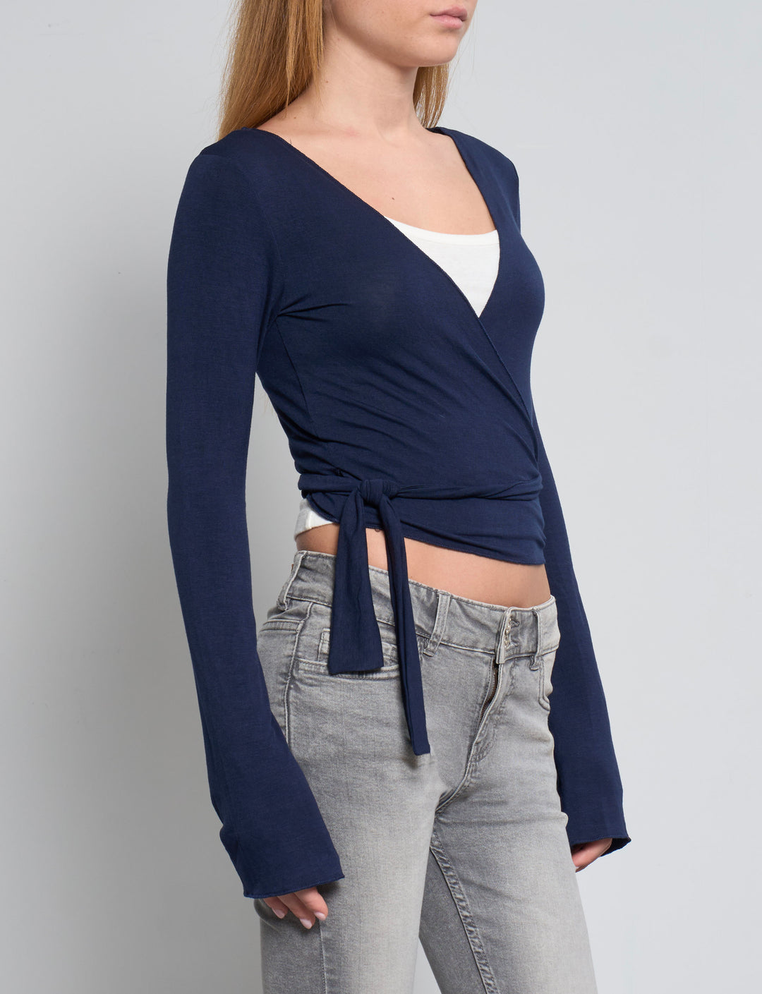 Cardigan in jersey blu navy incrociato frontale