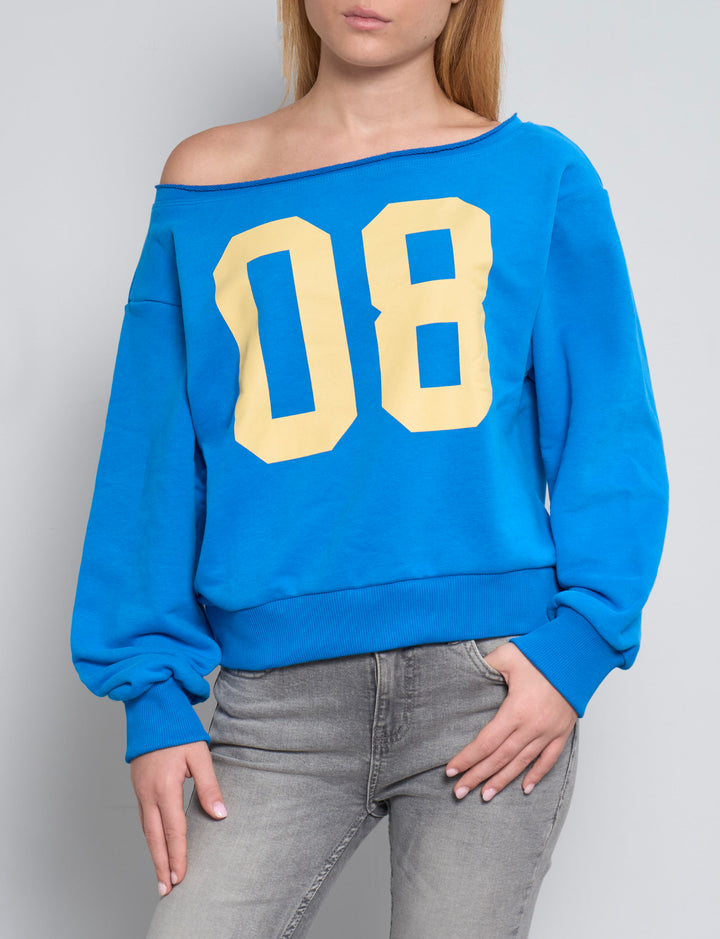 Felpa blu asimmetrica con numero 08 frontale