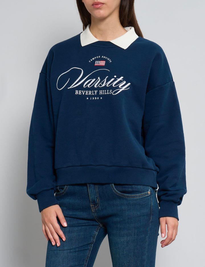 Felpa blu navy con colletto e ricami in stile americano frontale