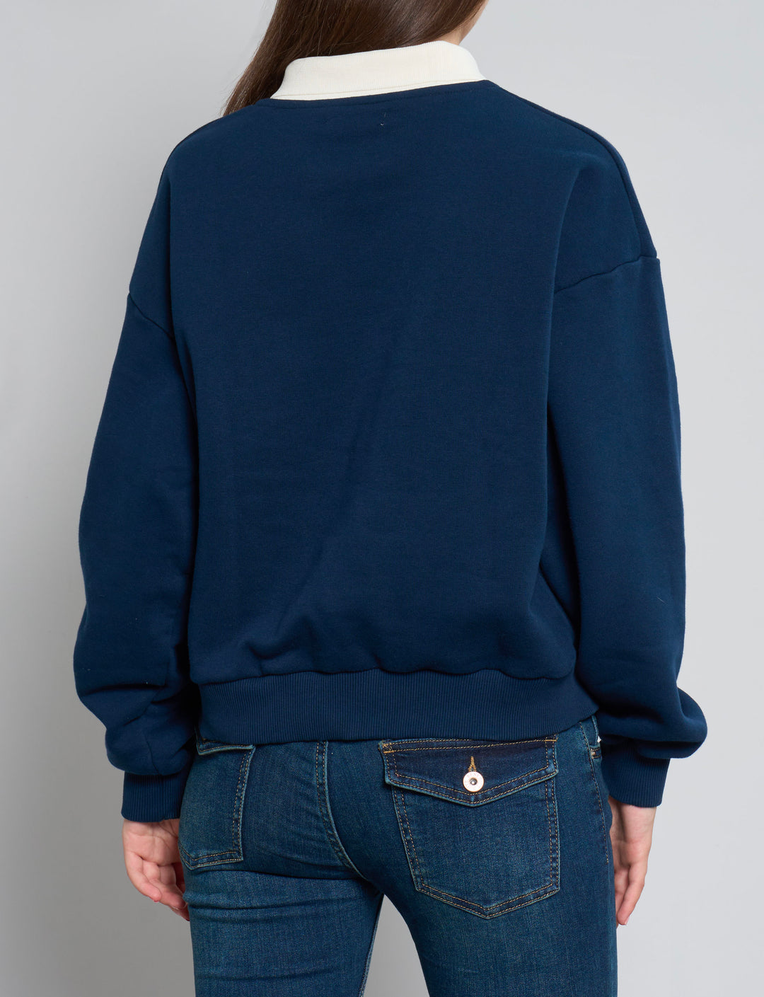 Felpa blu navy con colletto e ricami in stile americano retro