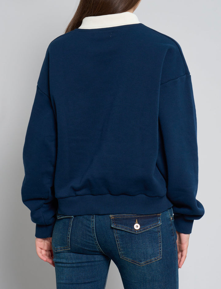 Felpa blu navy con colletto e ricami in stile americano retro