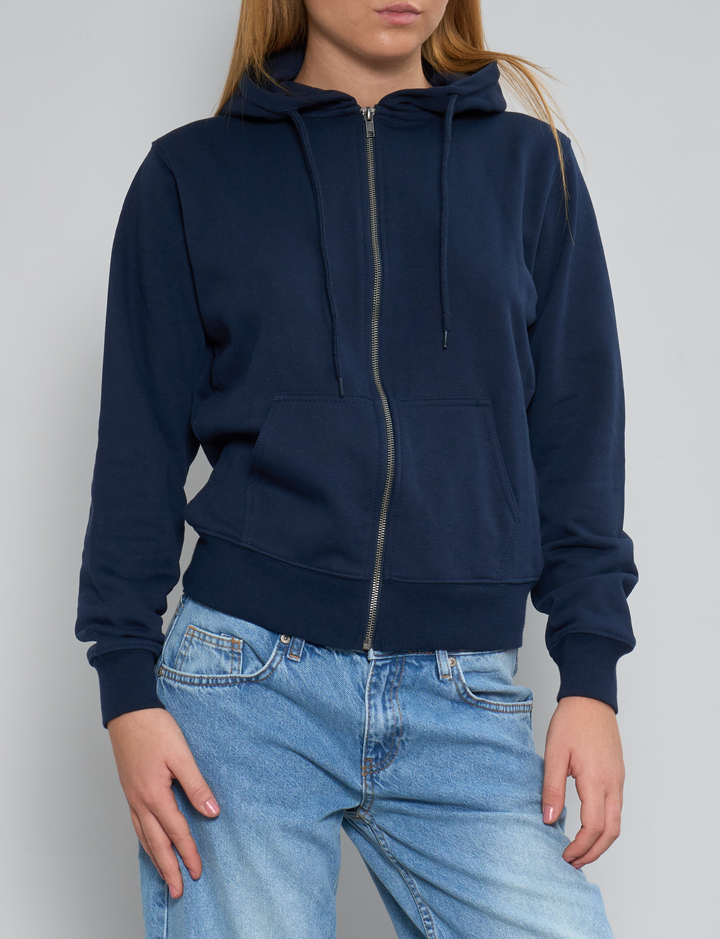 Felpa blu navy con zip e cappuccio frontale