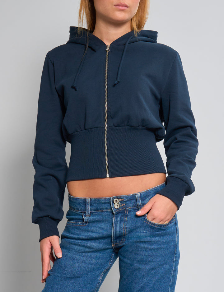 Felpa crop blu navy con croce in strass frontale