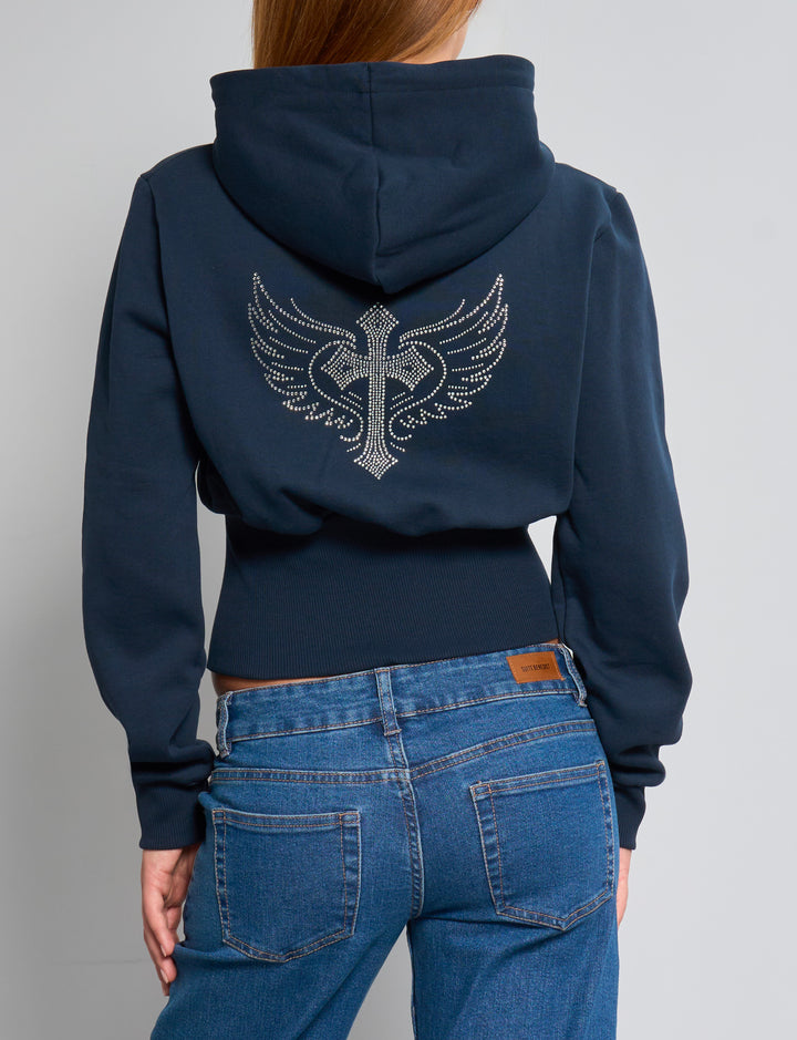 Felpa crop blu navy con croce in strass retro