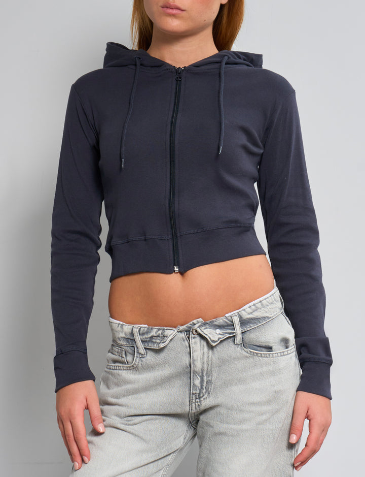 Felpa crop blu notte con zip e cappuccio frontale