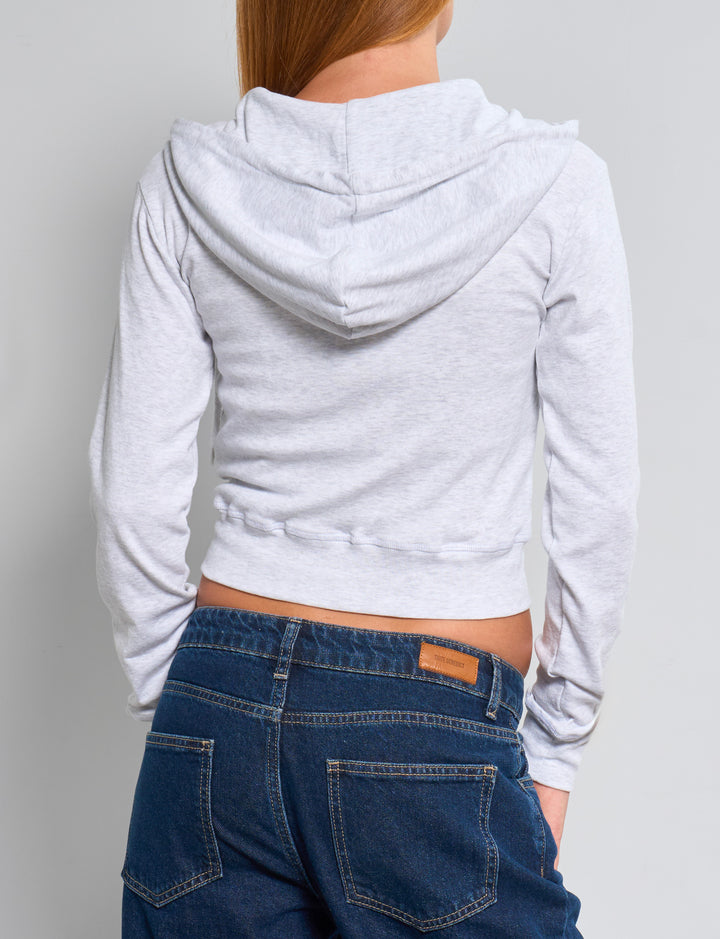 Felpa crop grigio melange con zip e cappuccio retro