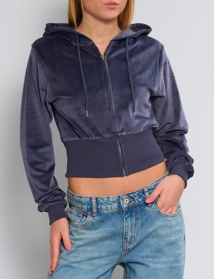 Felpa crop in ciniglia blu indigo frontale