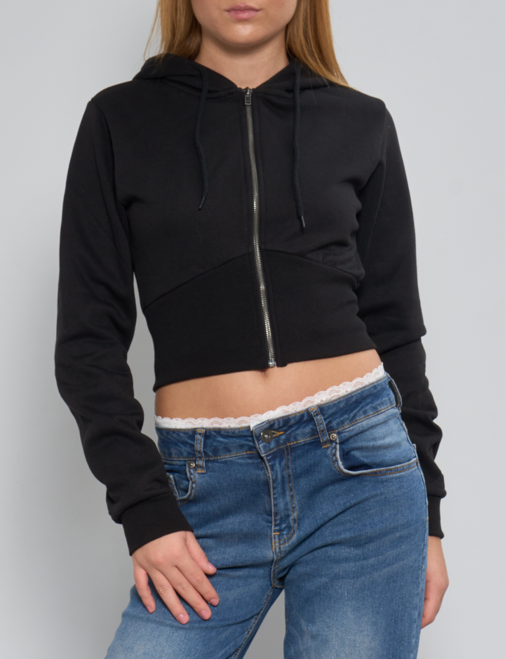 Felpa crop nera effetto corsetto frontale