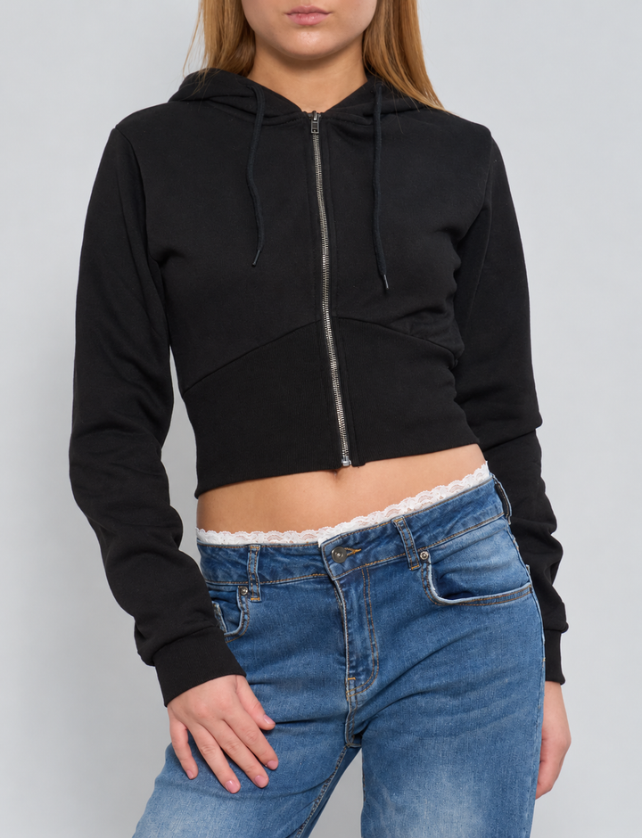 Felpa crop nera effetto corsetto frontale 1