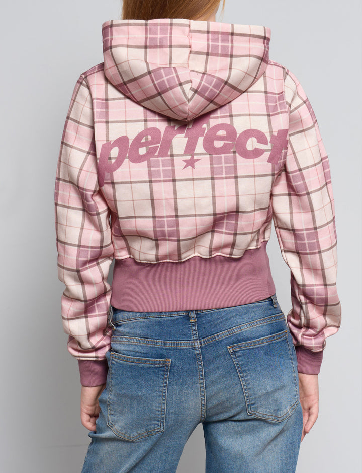 Felpa crop rosa a quadri con scritta "perfect" retro