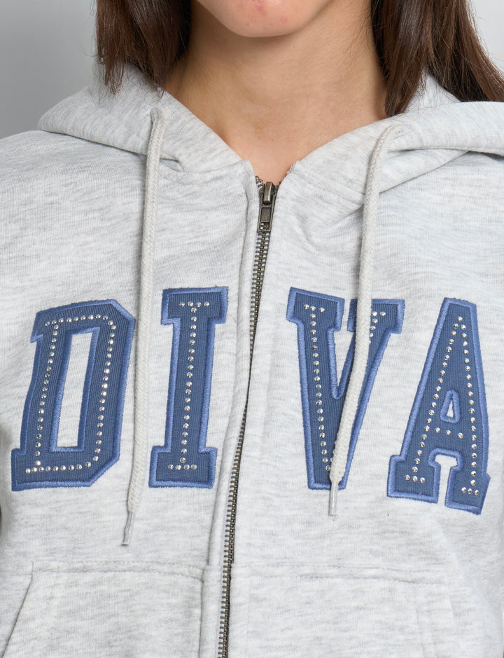 Felpa grigia con scritta DIVA blu con strass dettaglio