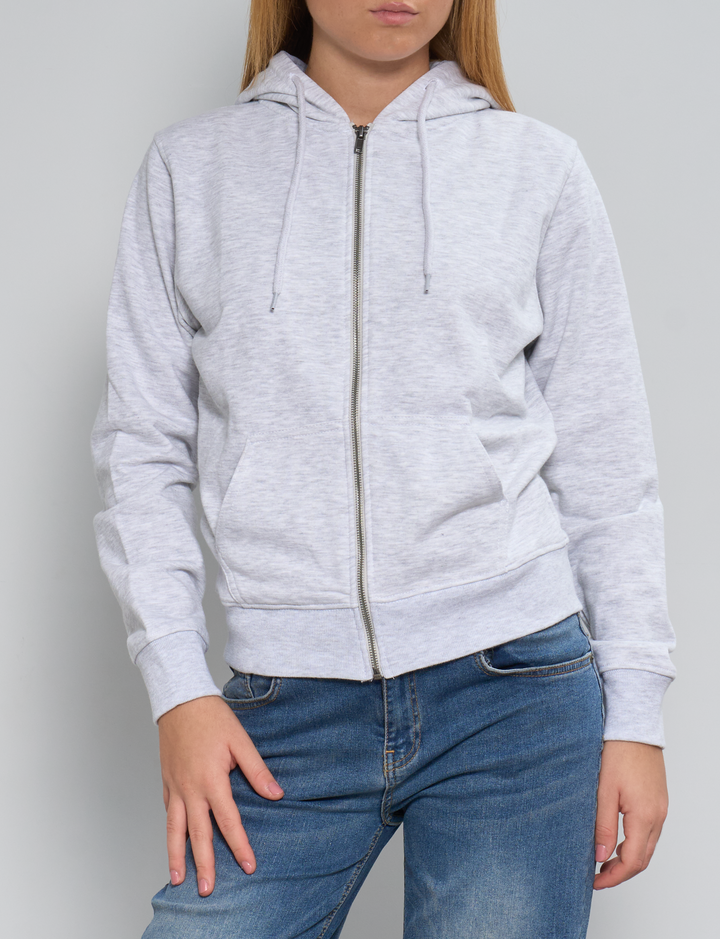 Felpa grigia con zip e cappuccio frontale