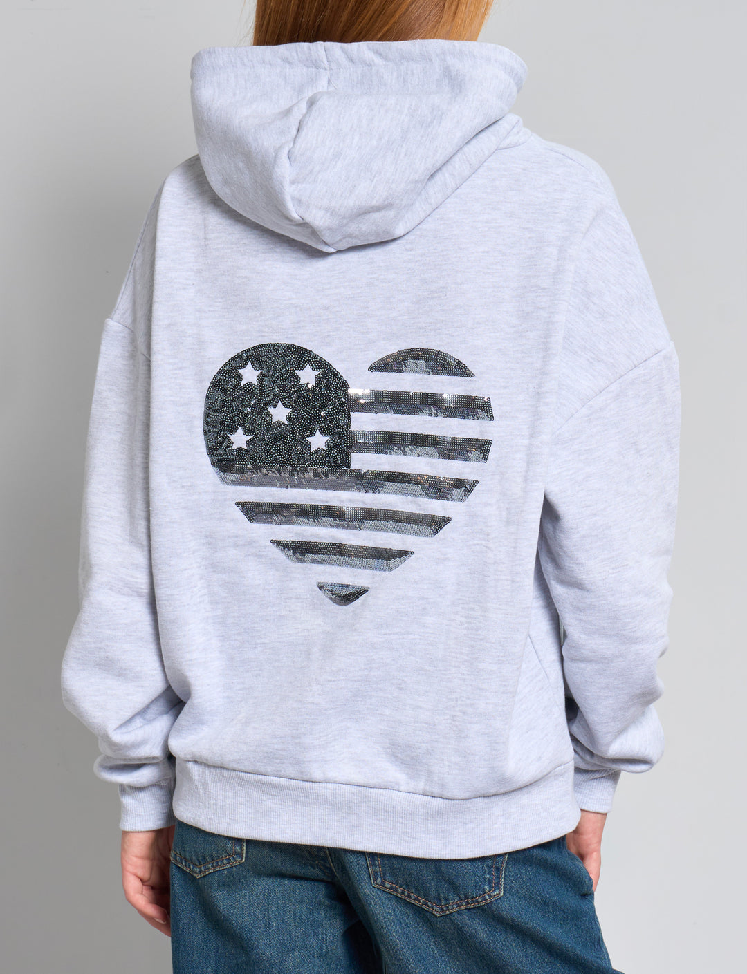 Felpa grigia oversize con cuore in paillettes retro