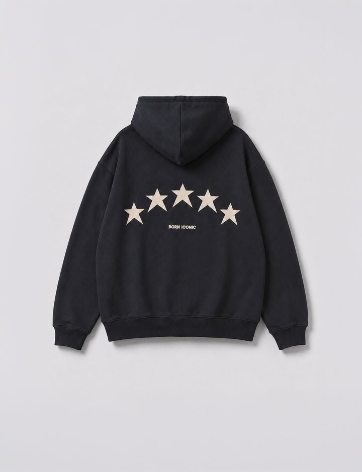 Felpa oversize blu notte con stelle e scritta "Born Iconic" still life retro
