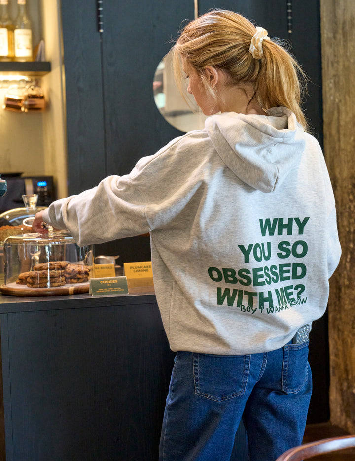 Felpa oversize grigia con scritta OBSESSED copertina