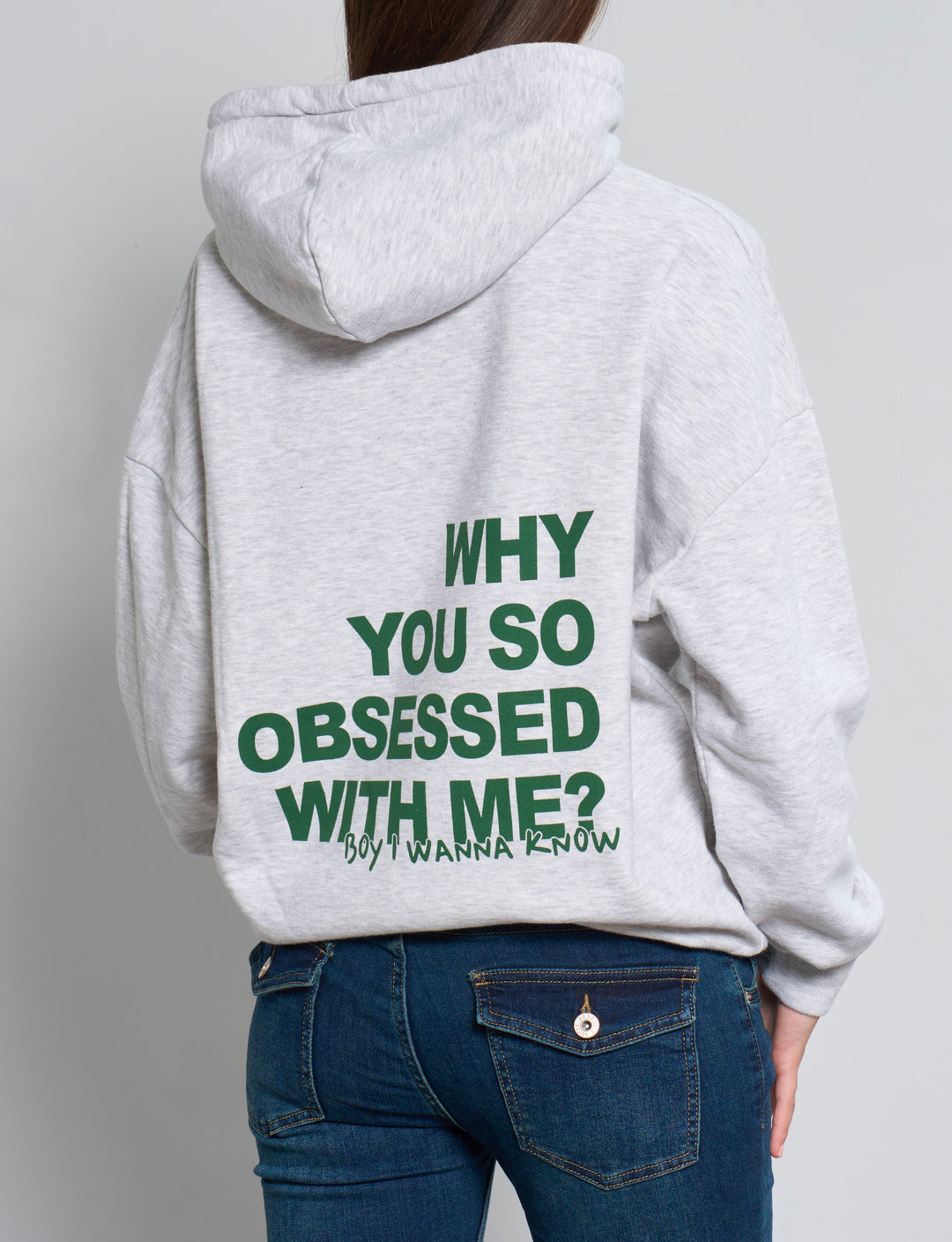 Felpa oversize grigia con scritta OBSESSED retro