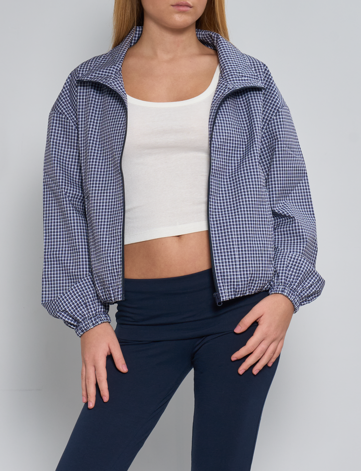 Giacca blu a quadretti frontale