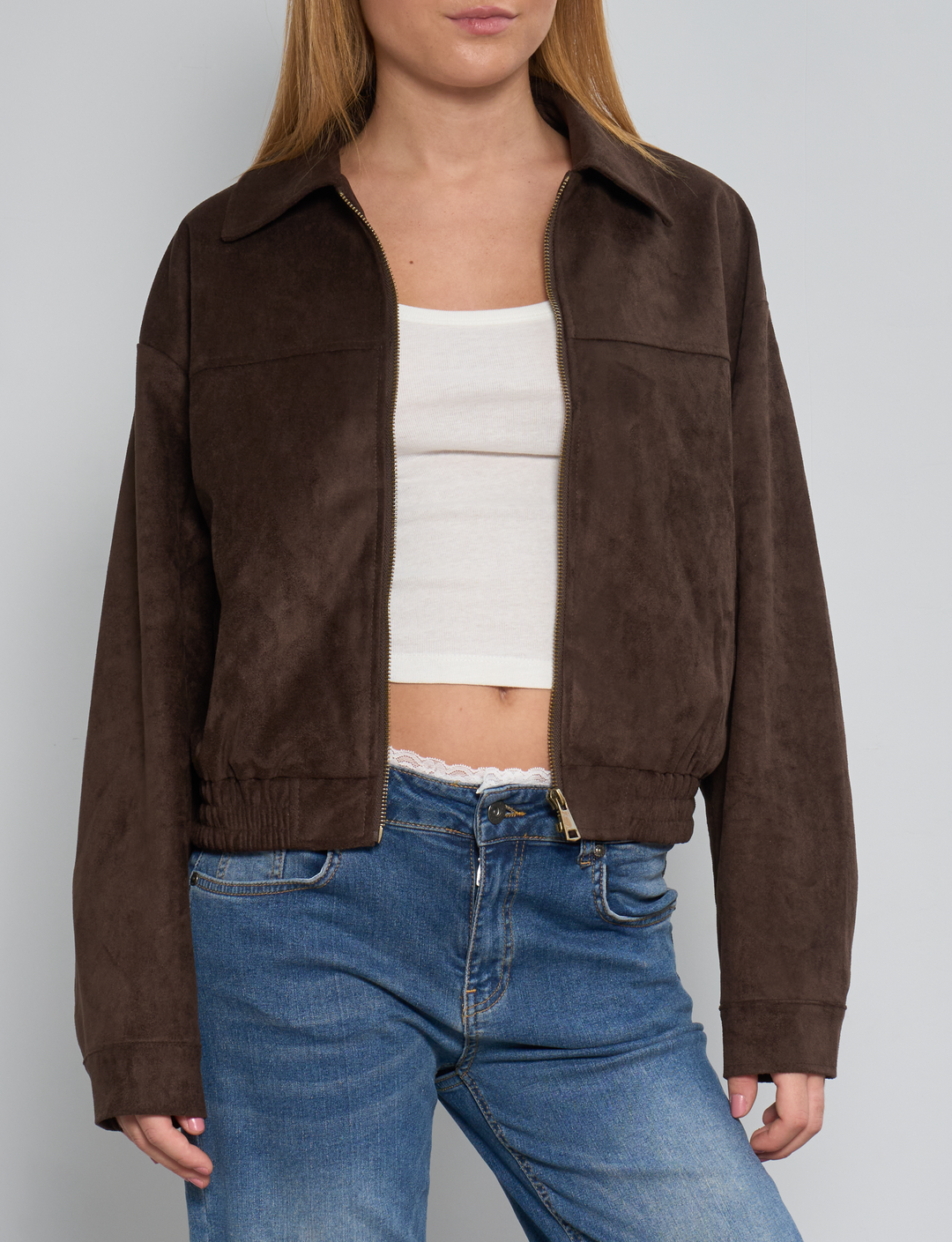 Giacca bomber scamosciata marrone con zip frontale