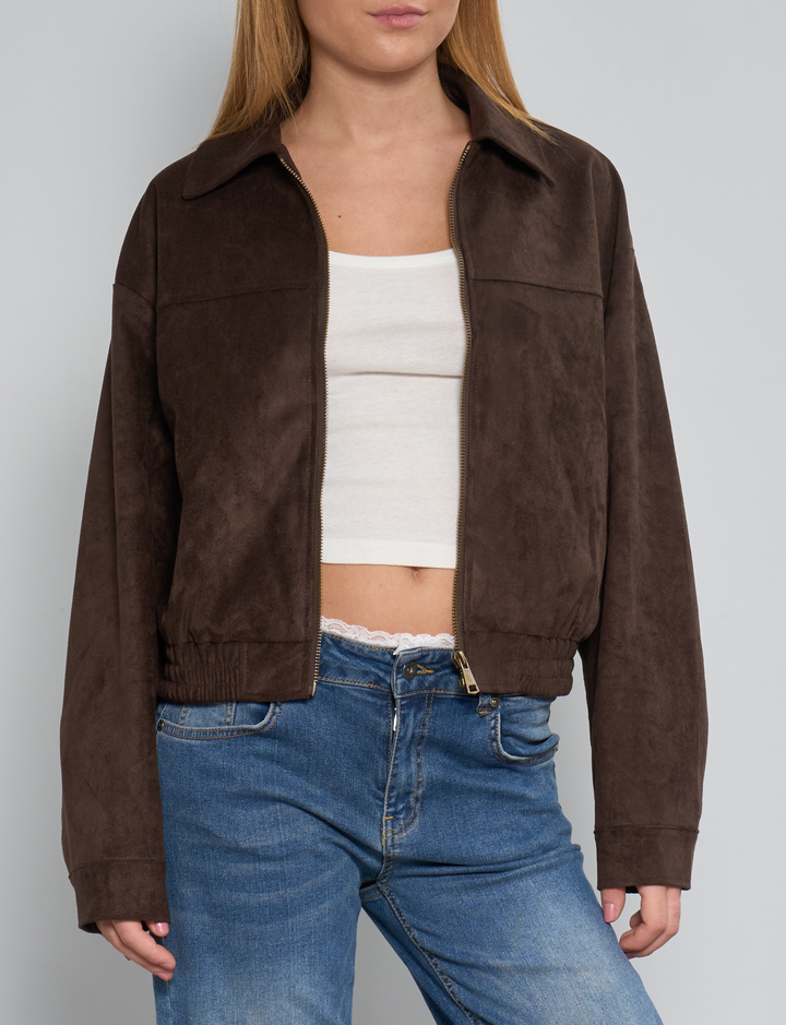 Giacca bomber scamosciata marrone con zip frontale