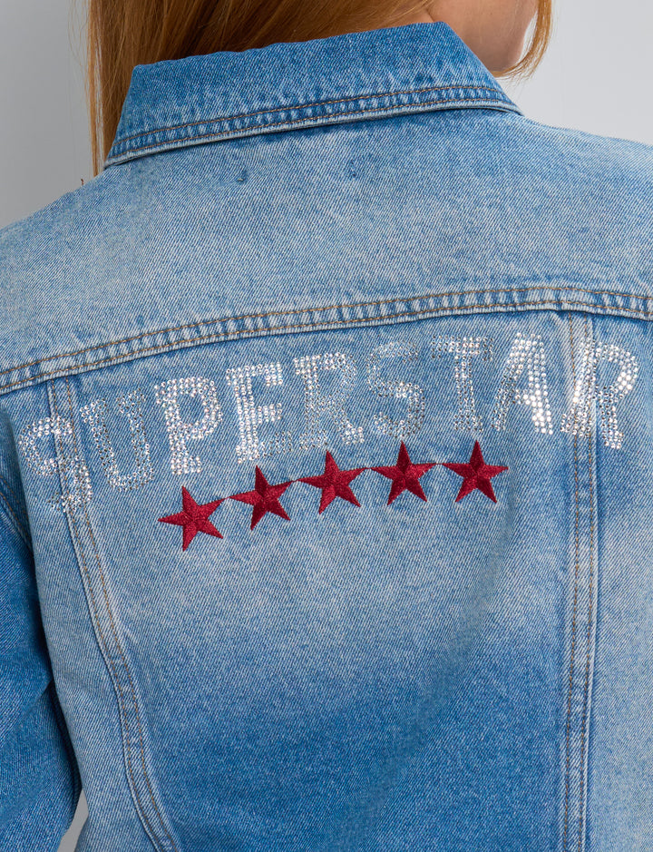 
Giacca denim con scritta superstar in strass e stelle bordeaux dettaglio