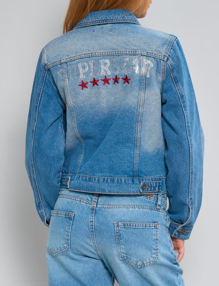 
Giacca denim con scritta superstar in strass e stelle bordeaux retro