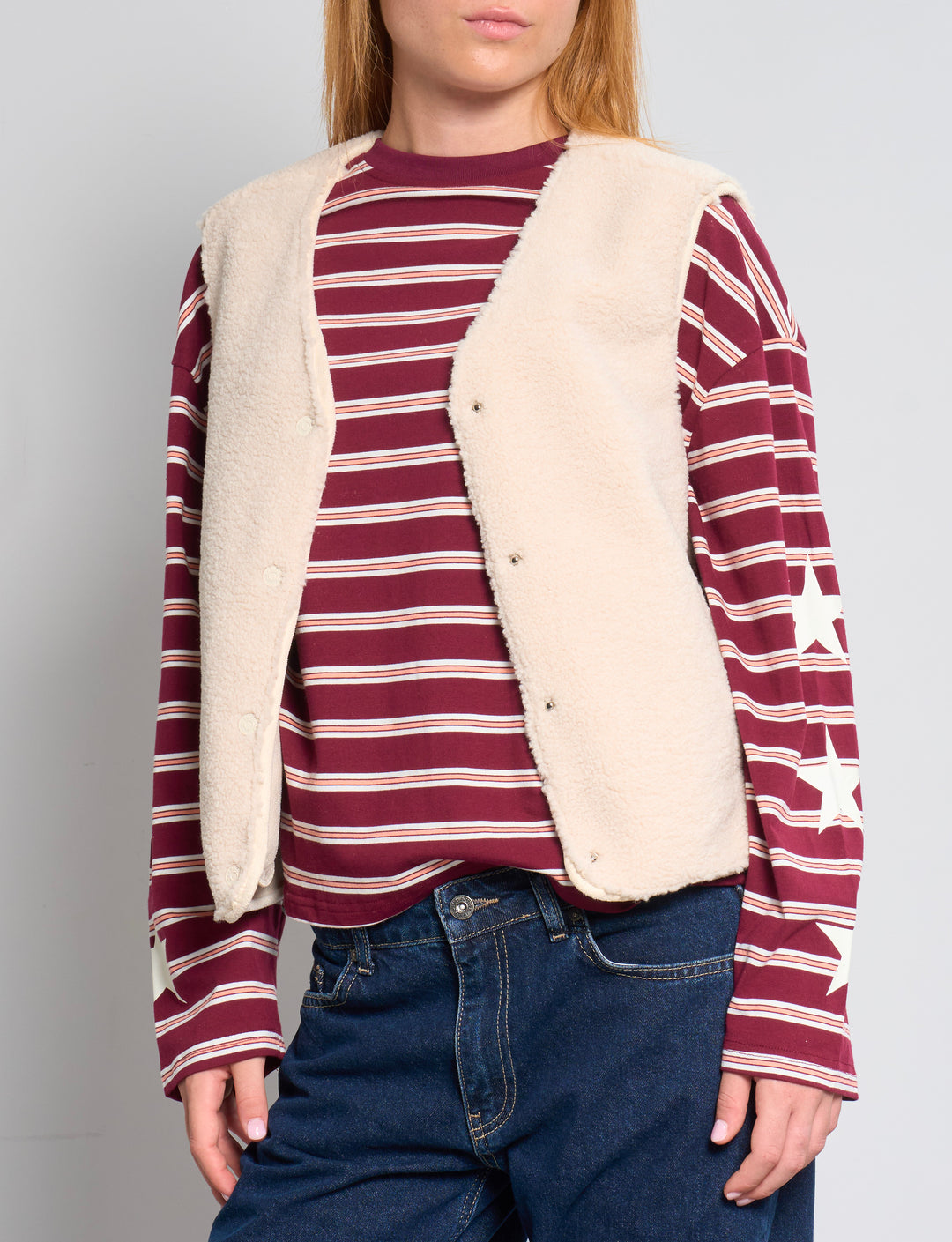 Gilet smanicato teddy panna frontale