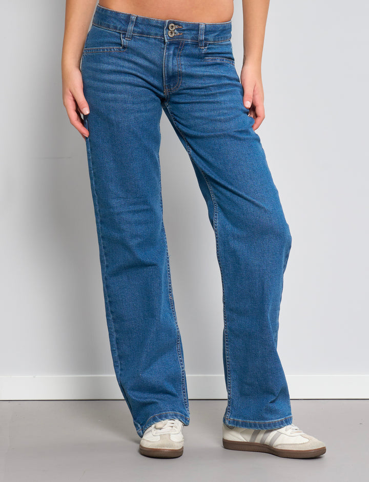 Jeans blu straight con doppio bottone frontale