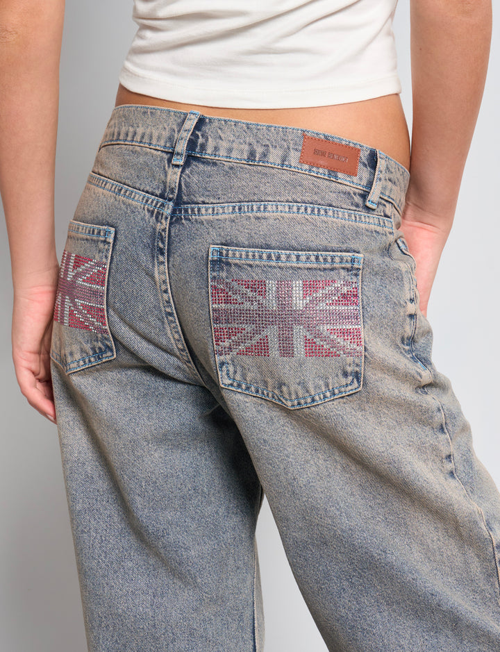 Jeans dritto con bandiera UK in strass dettaglio