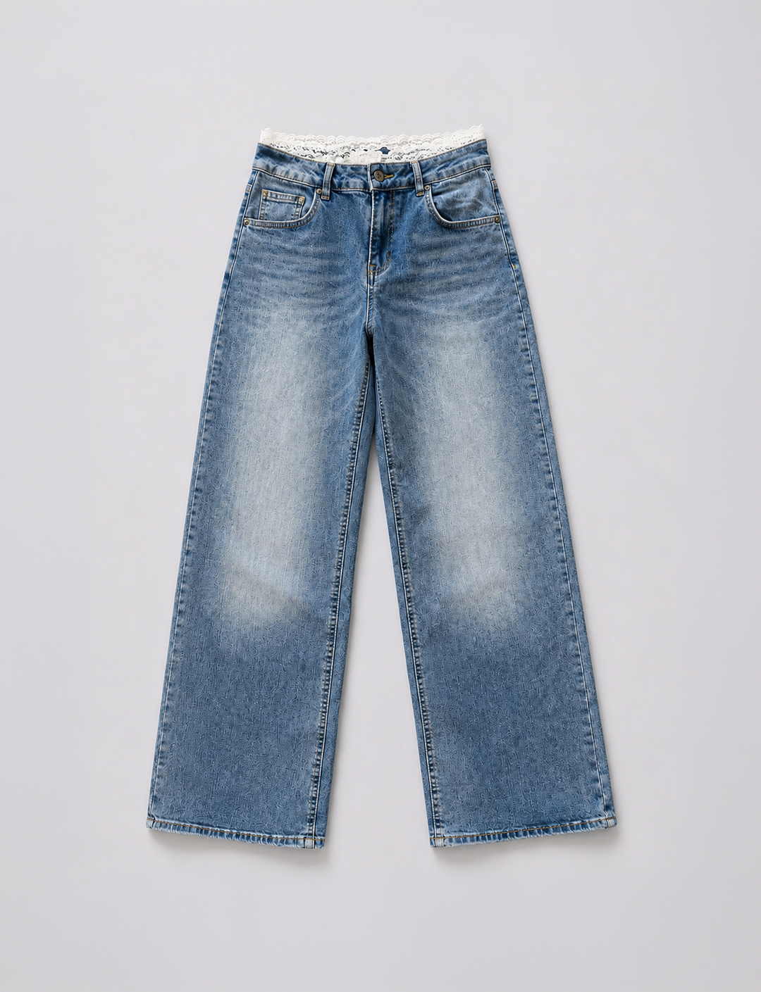 Jeans dritto con pizzo still life frontale
