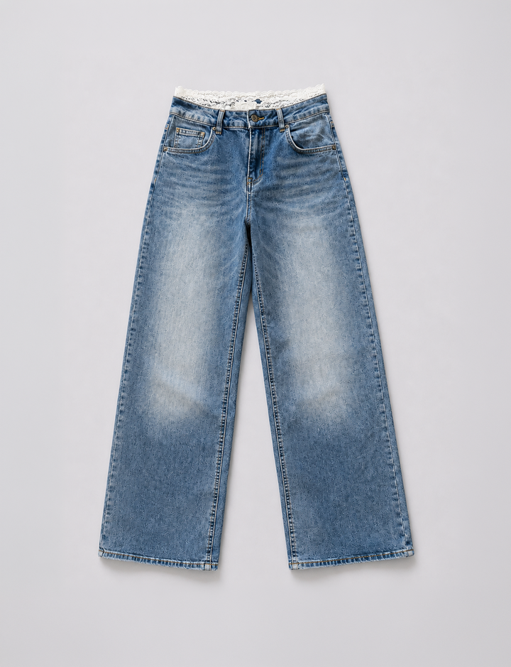 Jeans dritto con pizzo still life frontale